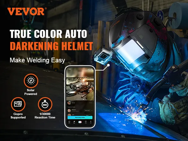 VEVOR welding helmet with true color auto-darkening, solar powered, gopro support, 1/30000 reaction time.