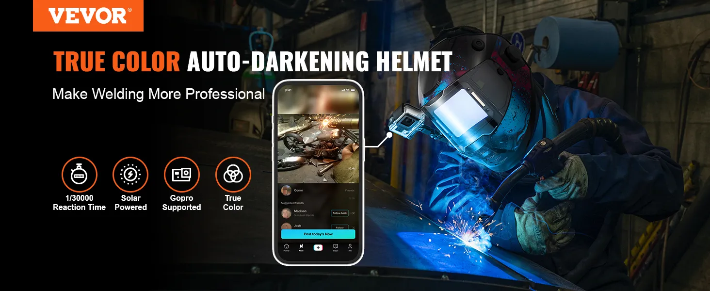 VEVOR welding helmet with true color auto-darkening, solar powered, gopro support, 1/30000 reaction time.