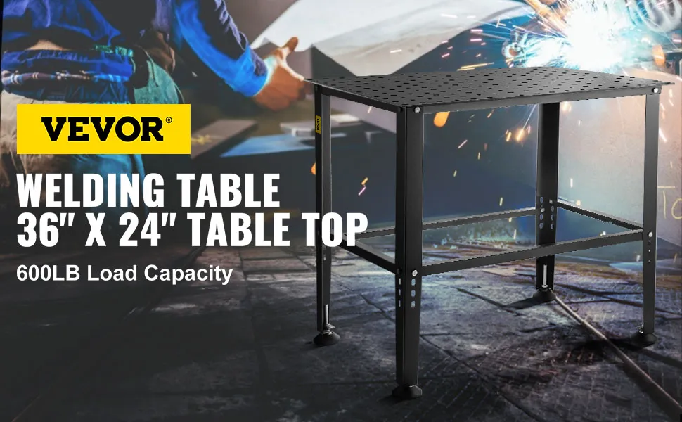 VEVOR welding table with 36" x 24" tabletop and 600lb load capacity.