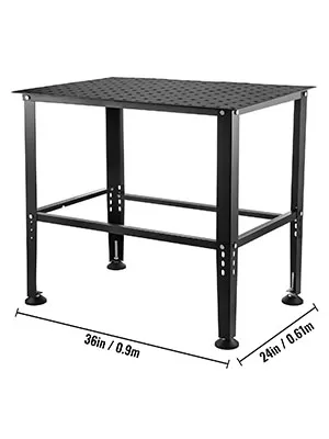 black VEVOR welding table, 36 x 24 inches, with adjustable legs and perforated top.