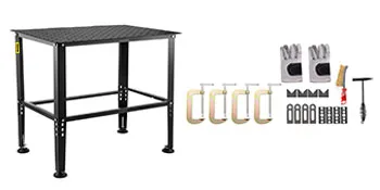 VEVOR welding table with tools and accessories arranged neatly.