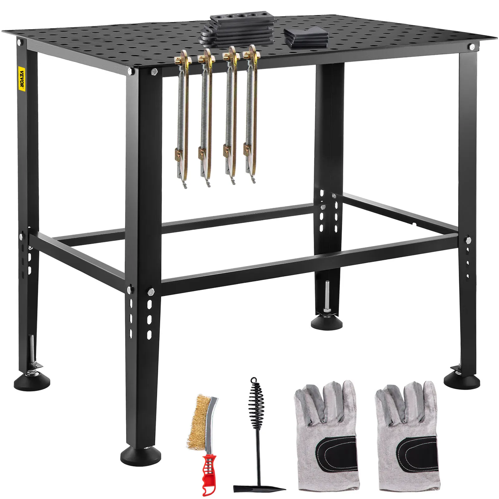 VEVOR welding table with clamps, screws, gloves, and cleaning brush set.