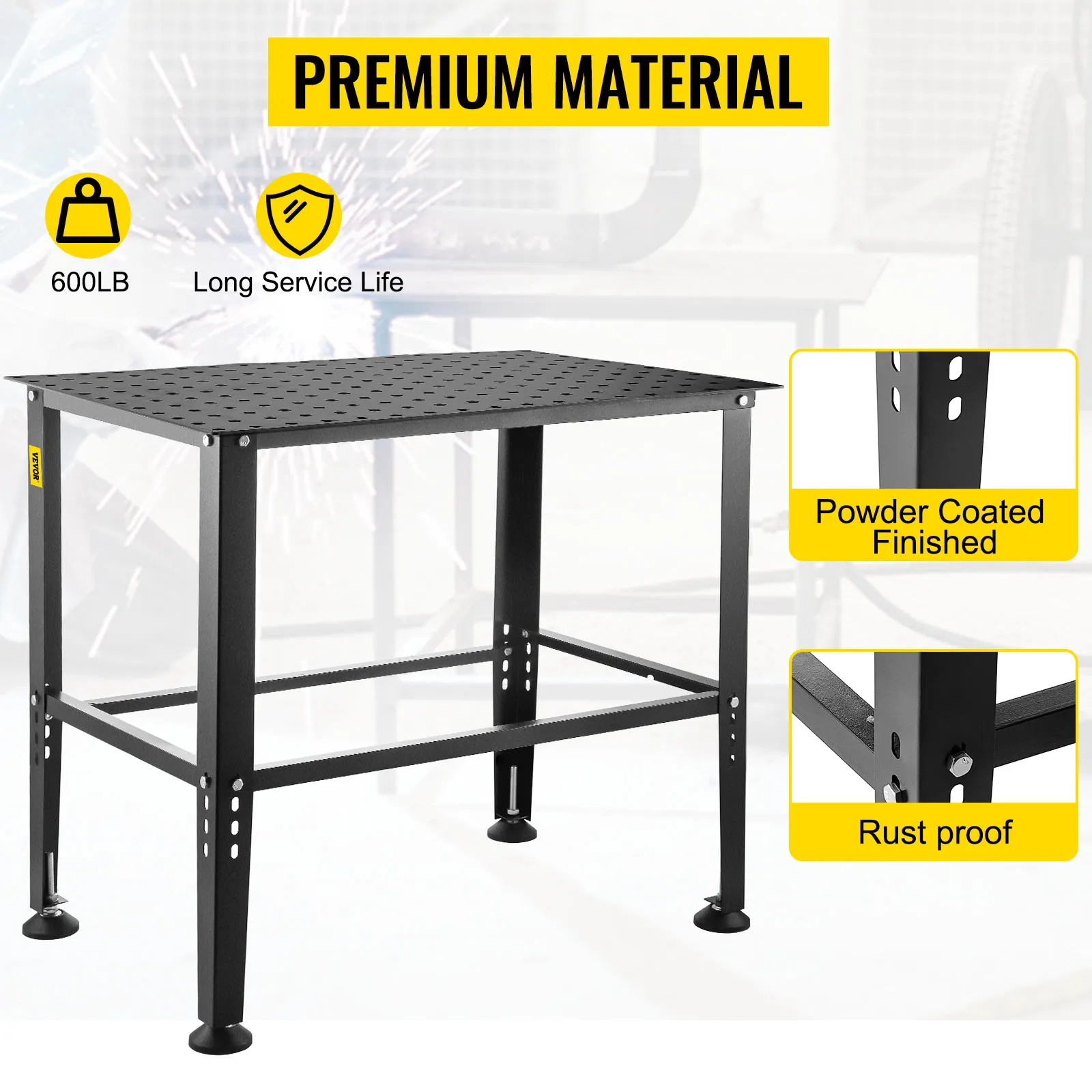 VEVOR welding table with powder-coated finish, rust-proof, supports 600lb.