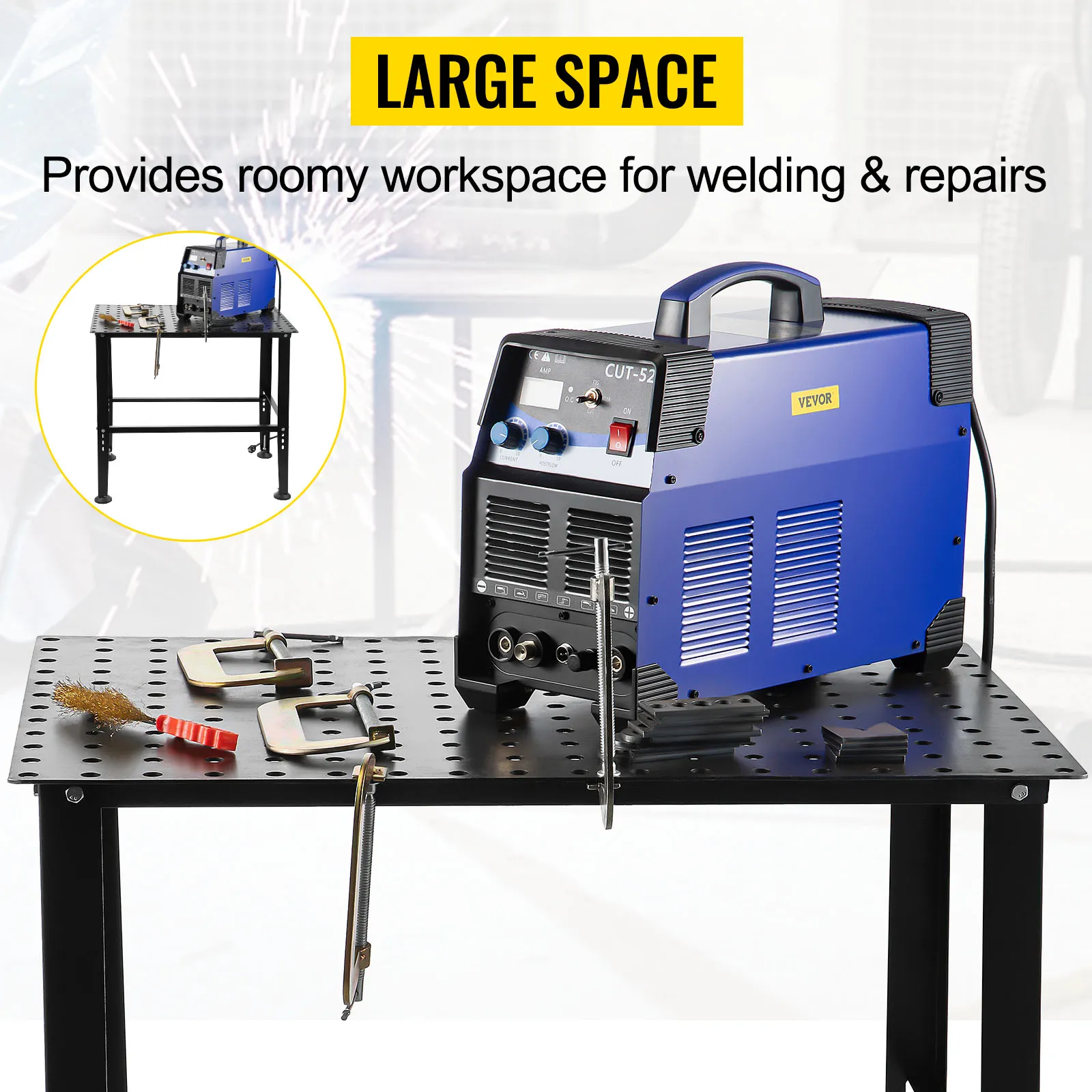 VEVOR welding table with blue welding machine and clamps on perforated tabletop.
