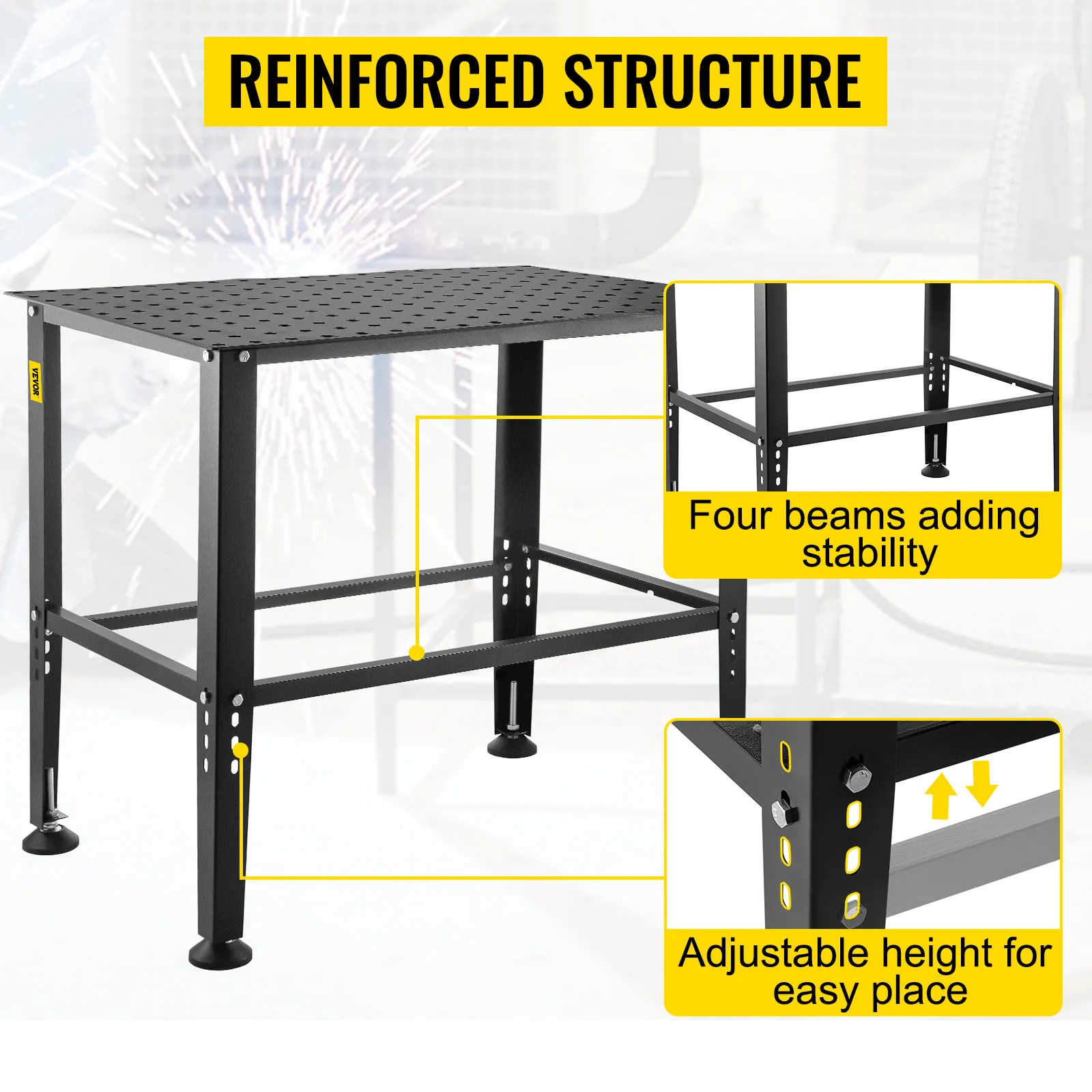 VEVOR welding table showcasing reinforced structure with four beams and adjustable height.