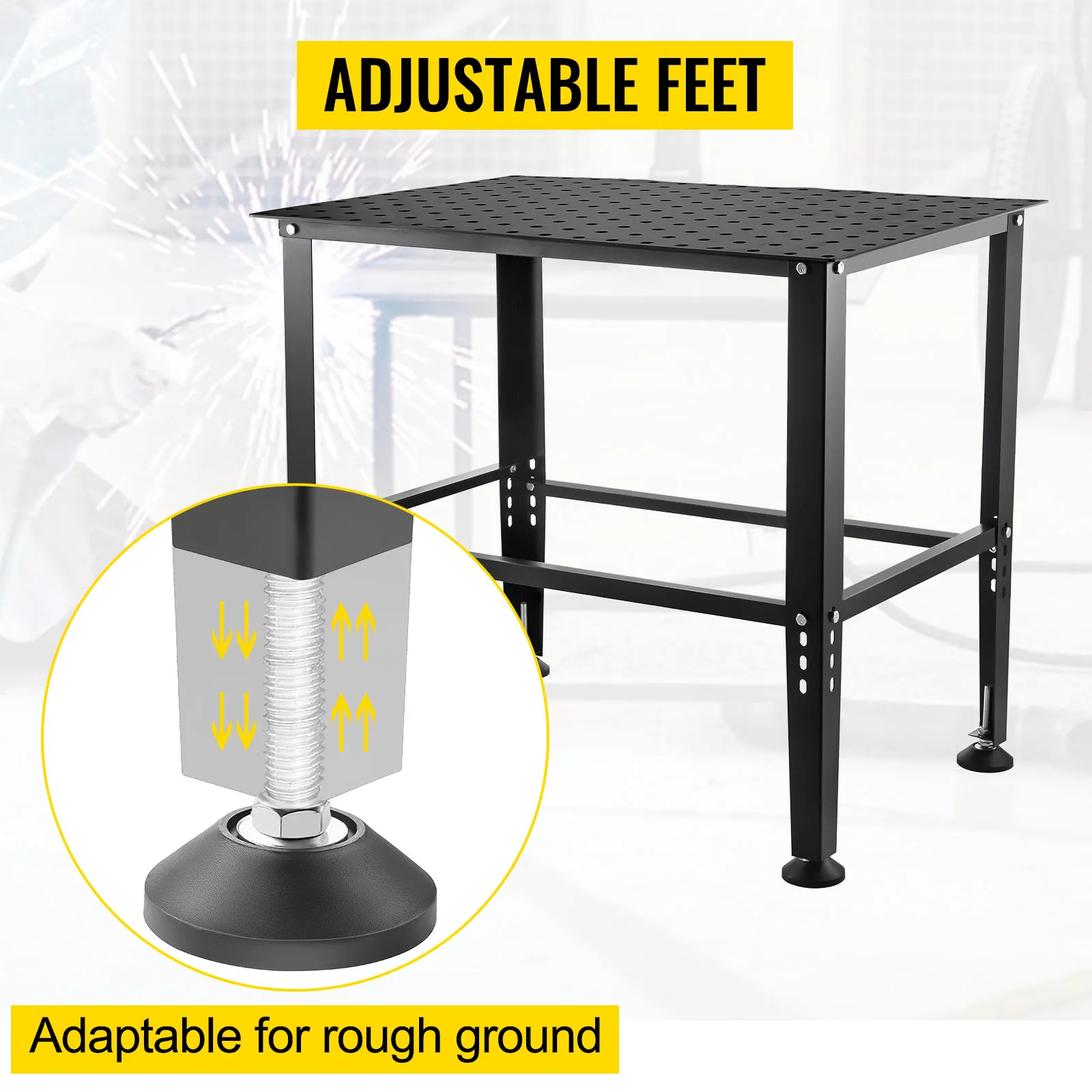 VEVOR welding table with adjustable feet, adaptable for rough ground.