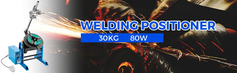 VEVOR rotary welding positioner with sparks and worker in background, 30kg 80w.