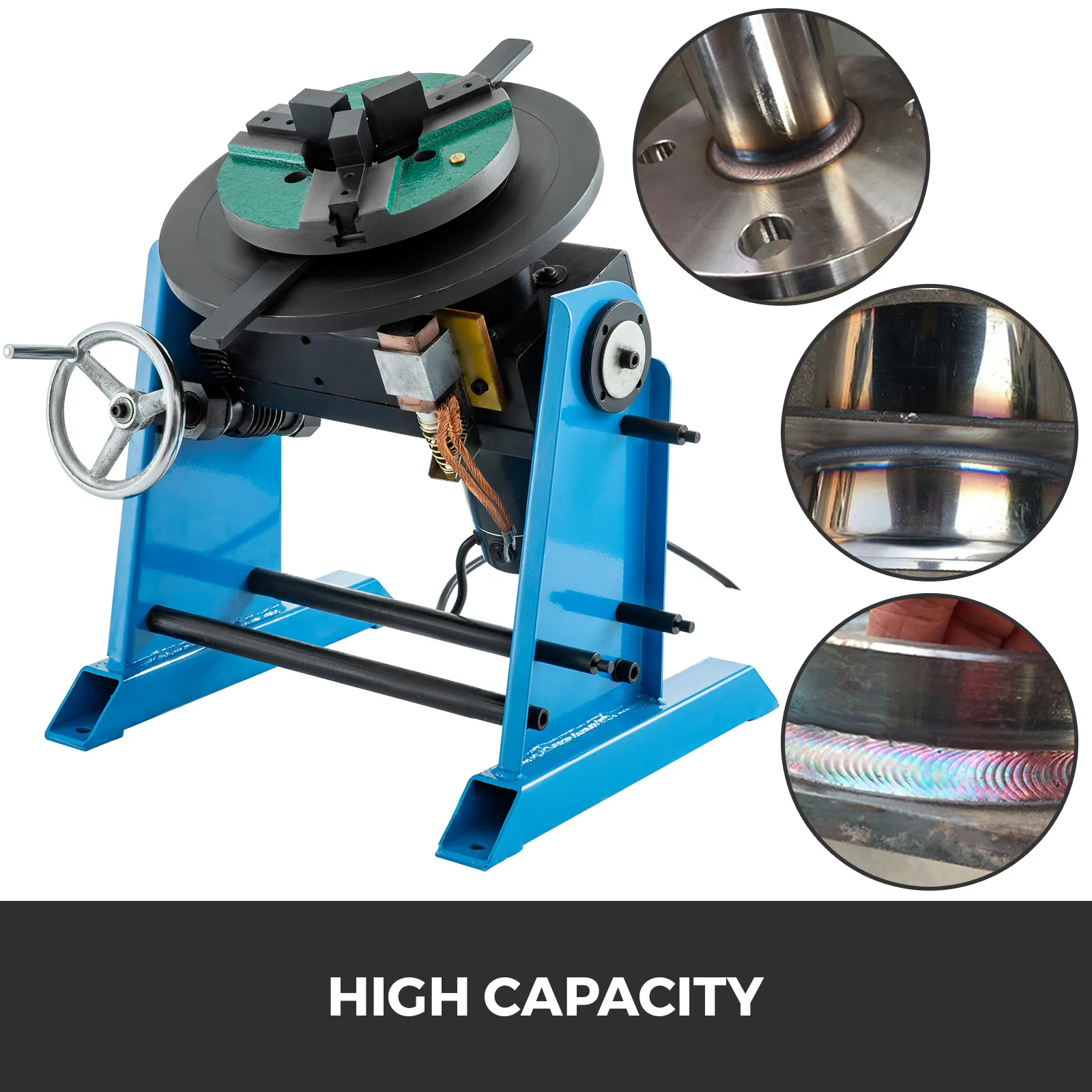 VEVOR rotary welding positioner with high capacity and detailed weld samples.