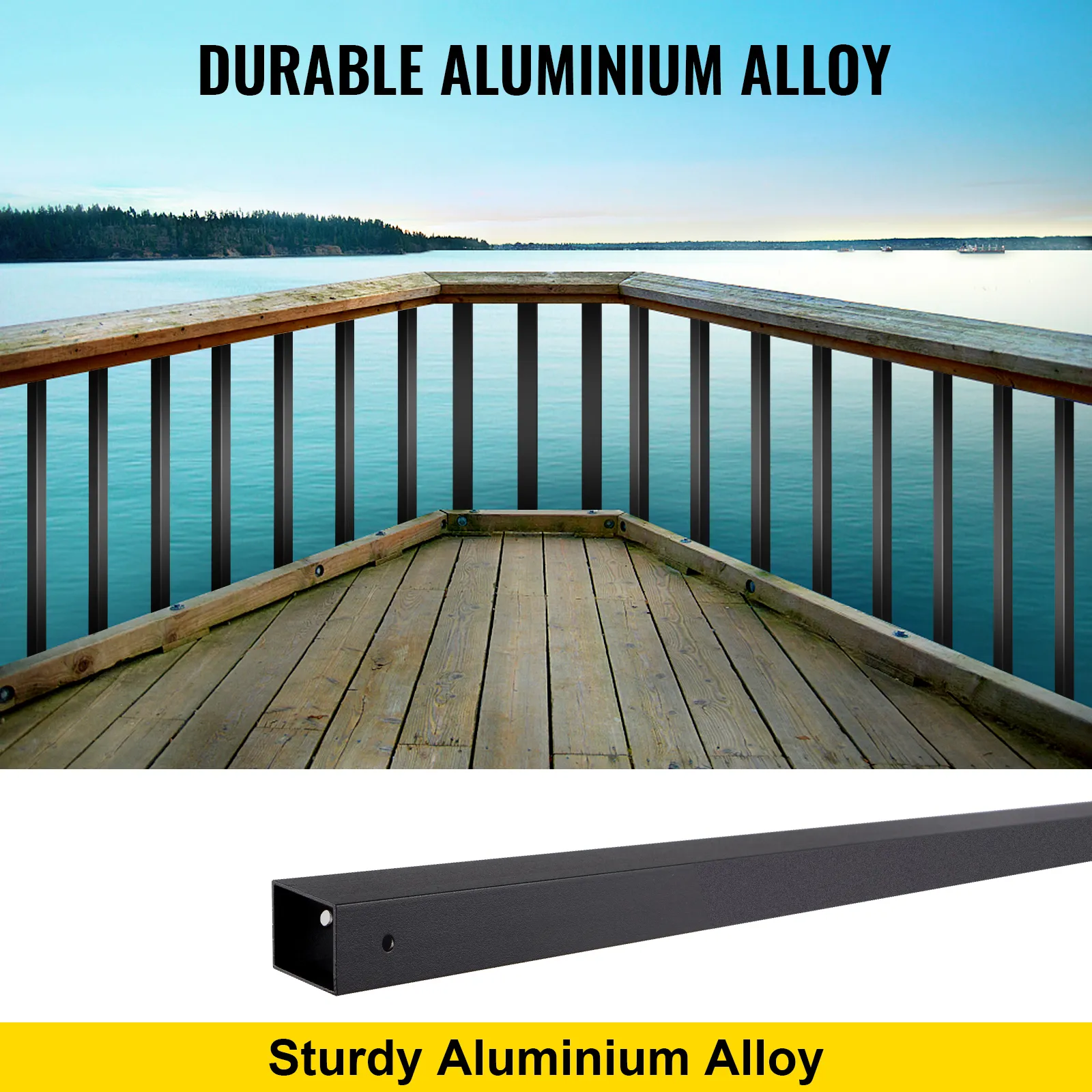 VEVOR deck balusters made of durable aluminum alloy with a scenic water view background.