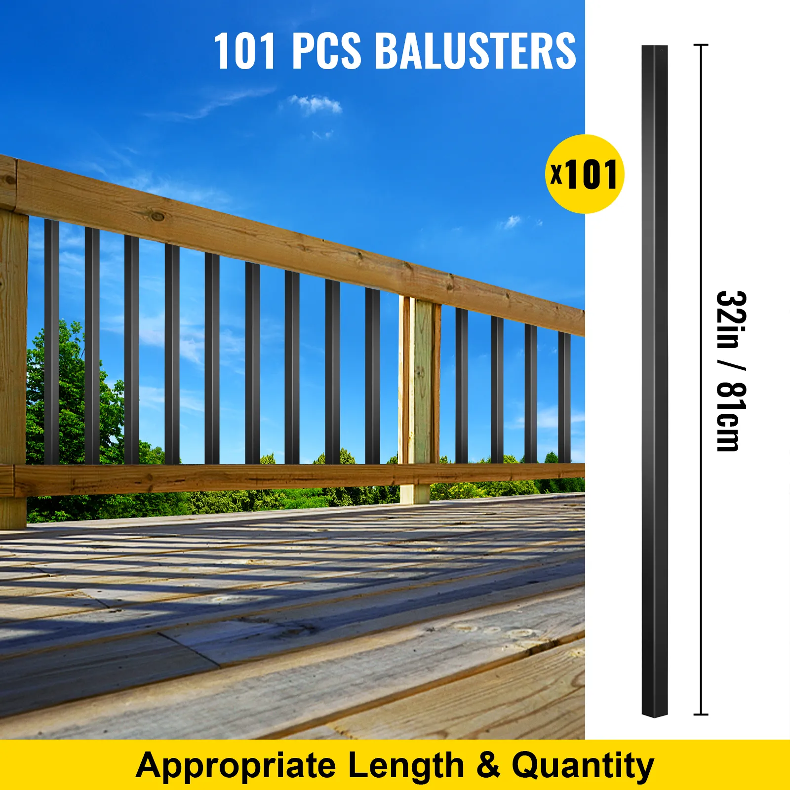 VEVOR deck balusters: 101 black balusters, 32 inches tall, installed on a wooden deck.