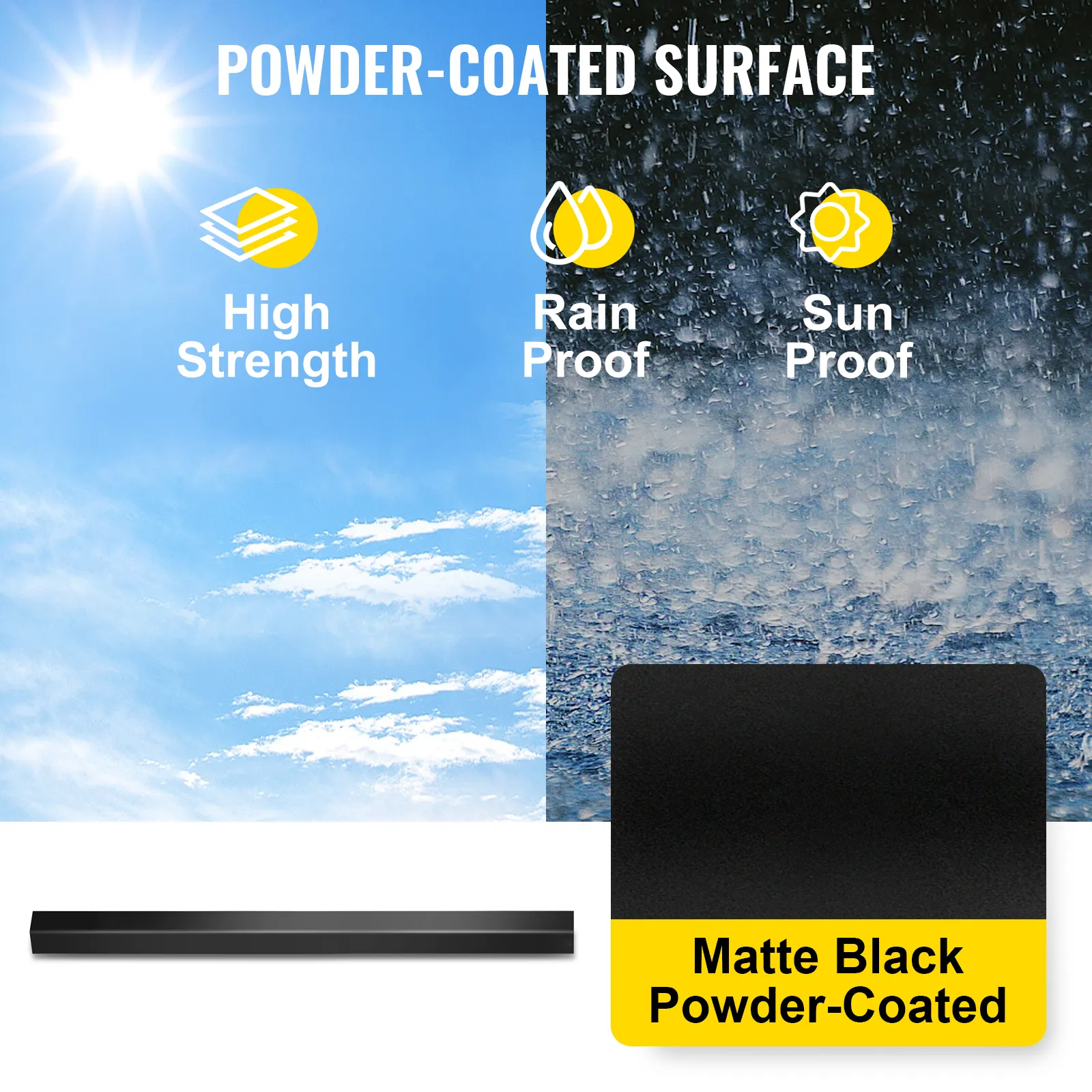 VEVOR deck balusters: matte black, high strength, rainproof, and sunproof.