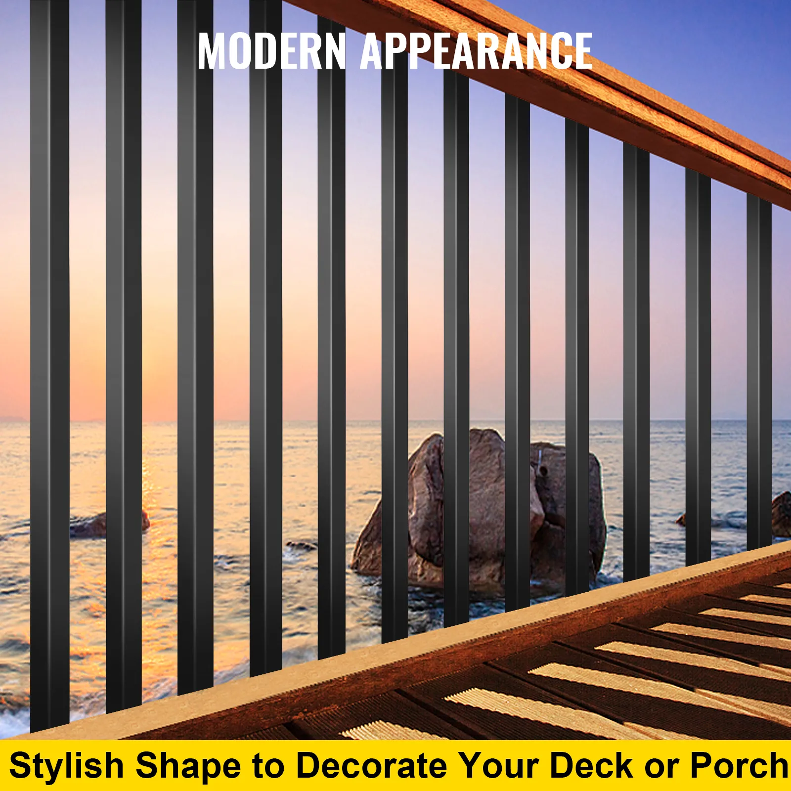 VEVOR deck balusters with modern appearance, overlooking a serene ocean sunset.
