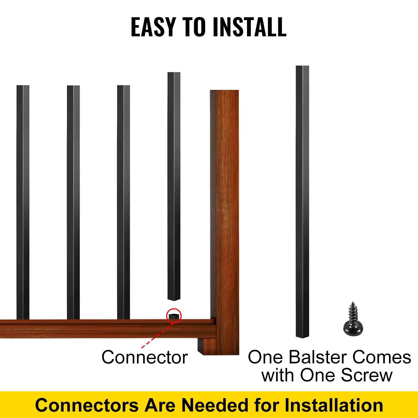 VEVOR deck balusters installation guide with connectors and screws.