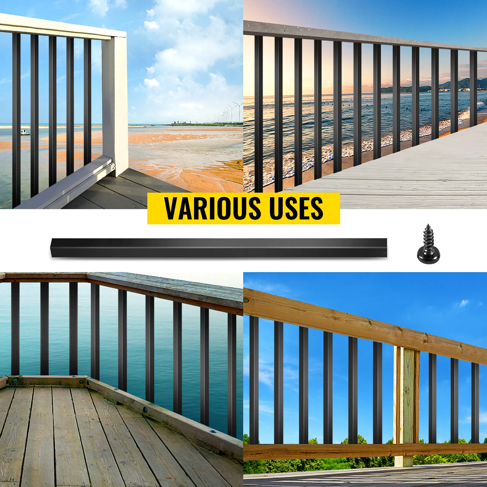 VEVOR deck balusters on various decks overlooking beaches and waterways.