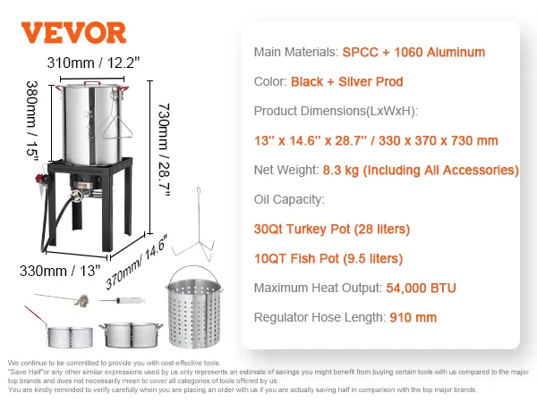 VEVOR turkey deep fryer with aluminum pot, black frame, and accessories, dimensions: 13"x14.6"x28.7".