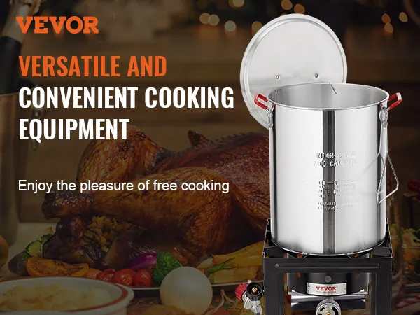 VEVOR turkey deep fryer with cooked turkey and vegetables, showcasing versatile cooking equipment.