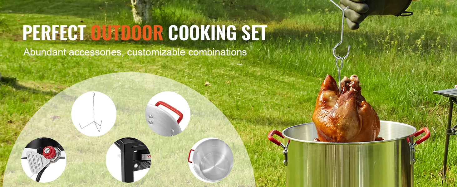perfect outdoor cooking set with VEVOR turkey deep fryer and accessories by a green field.