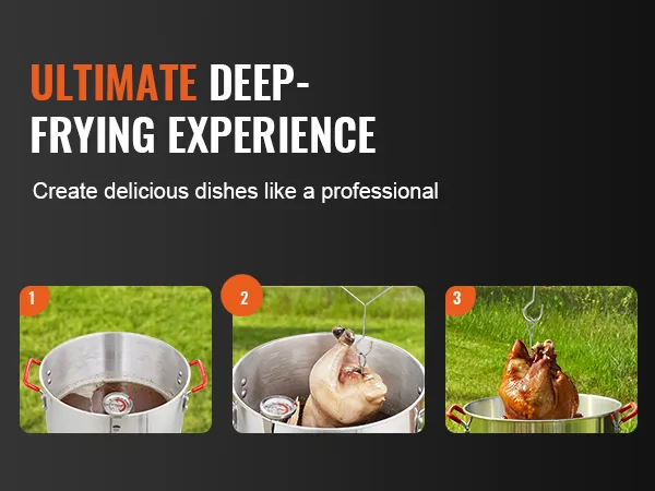 VEVOR turkey deep fryer: three steps to deep-fry a turkey to perfection on a grassy field.