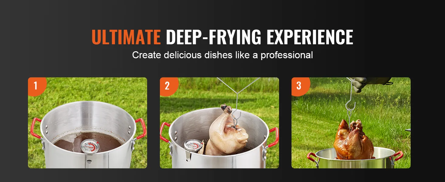 VEVOR turkey deep fryer: three steps to deep-fry a turkey to perfection on a grassy field.