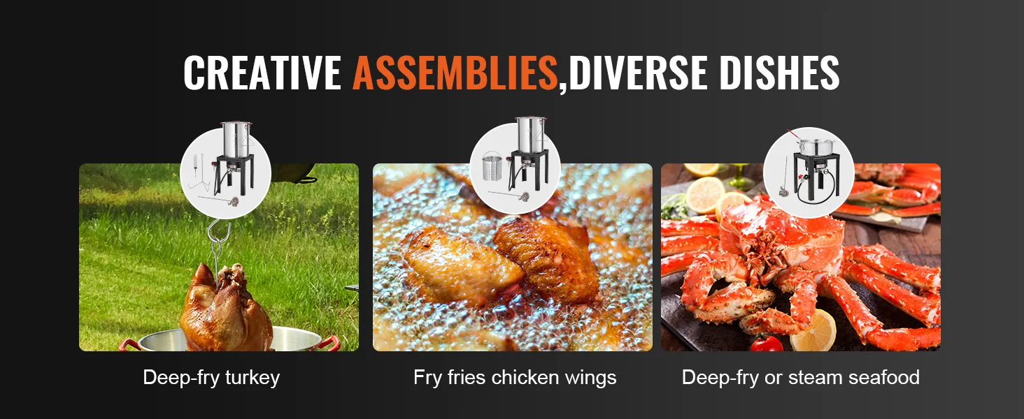 creative assemblies for VEVOR turkey deep fryer: deep-fry turkey, chicken wings, or steam seafood.
