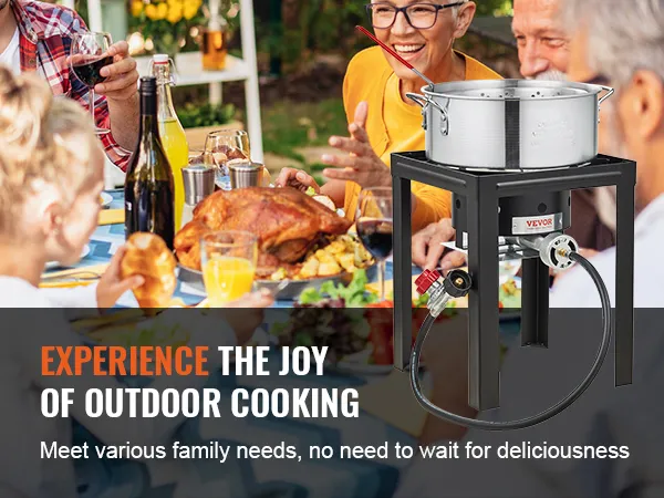 outdoor cooking with VEVOR turkey deep fryer, gathering family around the table for delicious meals.