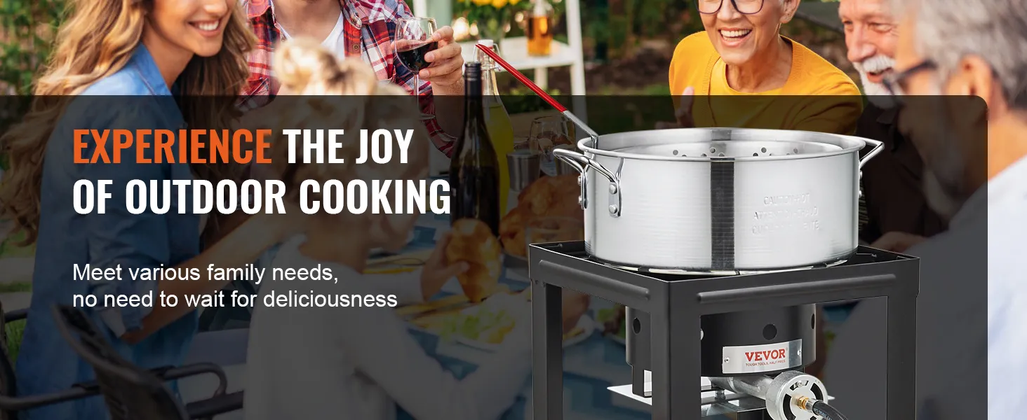 outdoor cooking with VEVOR turkey deep fryer, gathering family around the table for delicious meals.