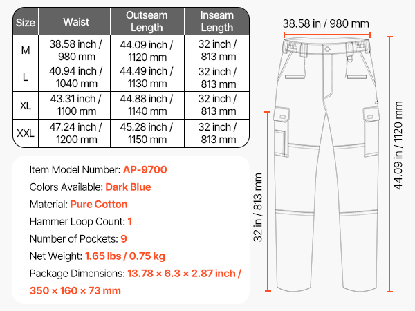 VEVOR Navy Blue FR Pants – M Size, 9 Oz Cotton Work Pants