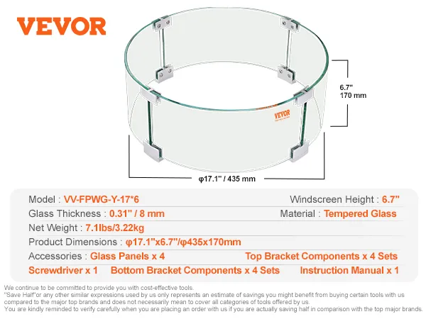 VEVOR fire pit wind guard with tempered glass, 6.7" height, 0.31" thickness, 23.2" diameter.