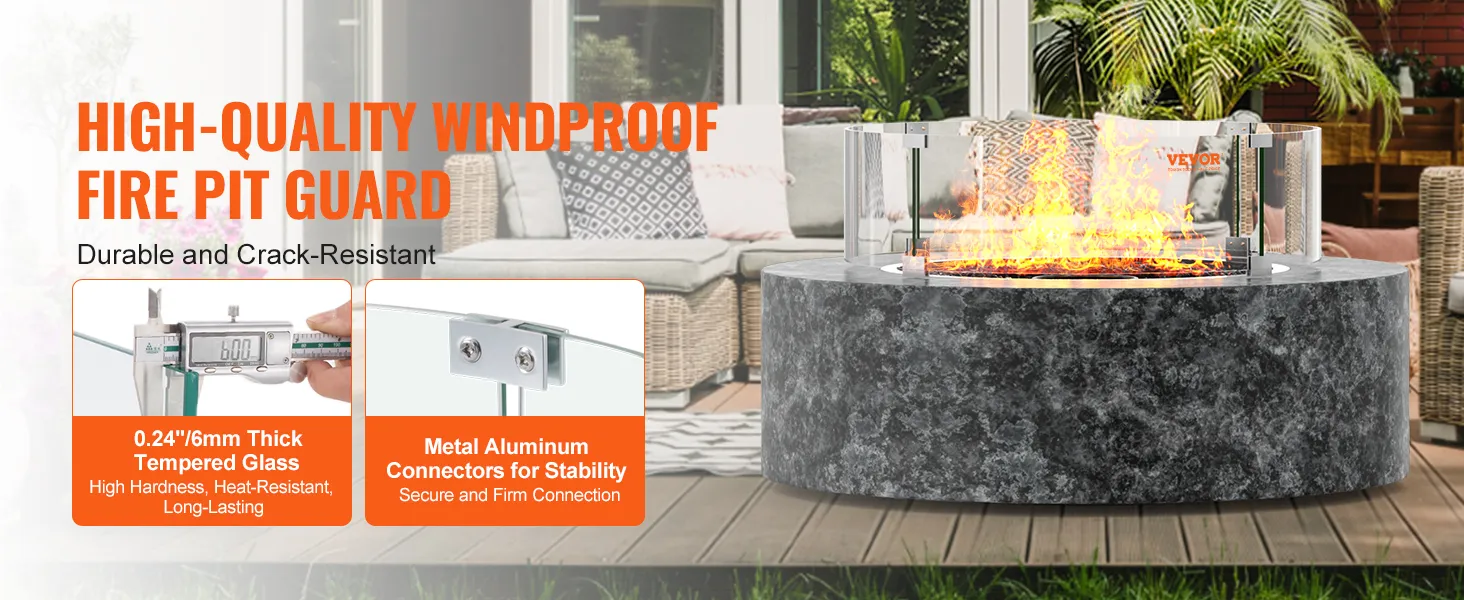 high-quality windproof VEVOR fire pit guard with thick tempered glass and aluminum connectors, outdoor.