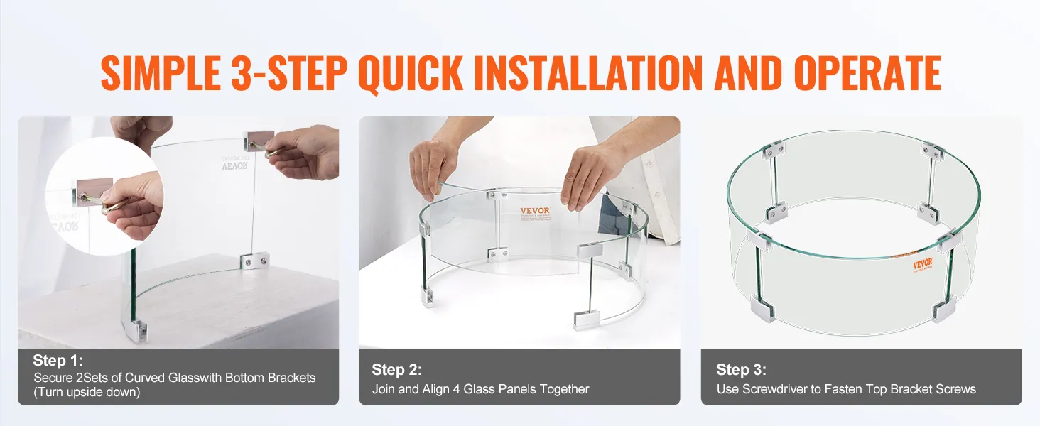 simple 3-step installation of VEVOR fire pit wind guard: securing glass, aligning panels, fastening screws.