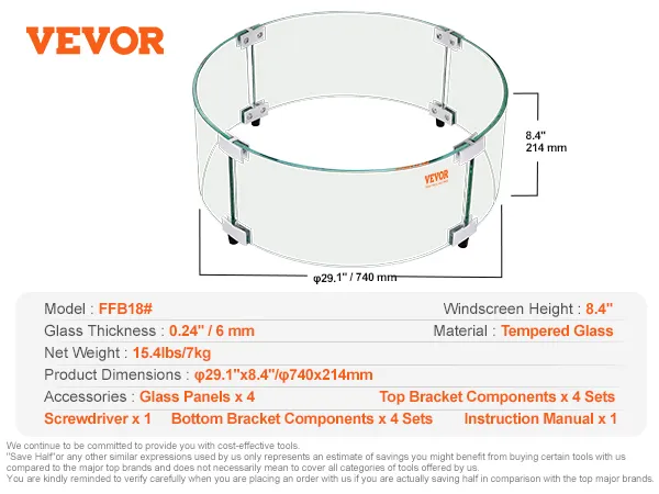 VEVOR fire pit wind guard, 29.1" diameter, 8.4" height, tempered glass with bracket components and screwdriver.