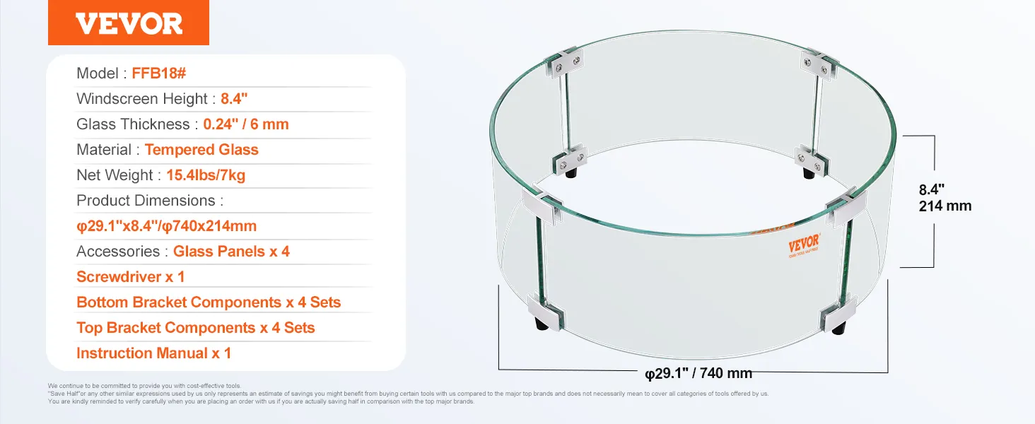 VEVOR fire pit wind guard, 29.1" diameter, 8.4" height, tempered glass with bracket components and screwdriver.