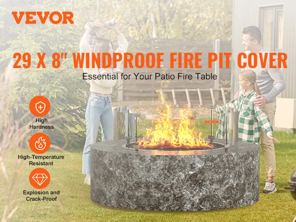 VEVOR fire pit wind guard protecting flames with family enjoying a warm patio fire in the background.