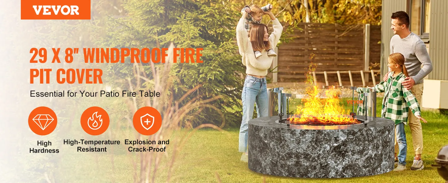 VEVOR fire pit wind guard protecting flames with family enjoying a warm patio fire in the background.
