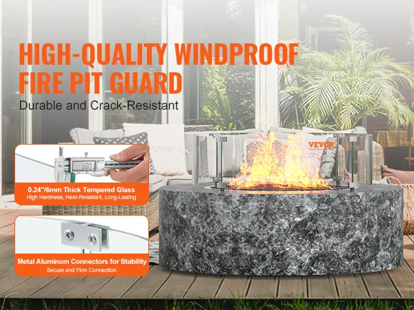 high-quality VEVOR fire pit wind guard with tempered glass and metal connectors for stability.