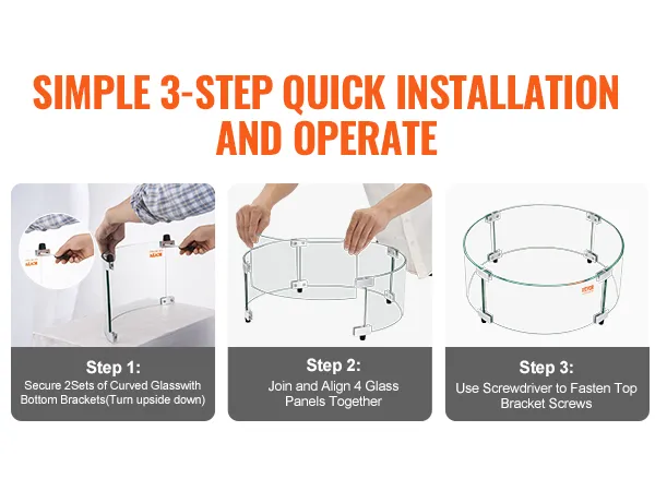 simple 3-step installation guide for VEVOR fire pit wind guard showcasing secure brackets and glass alignment.