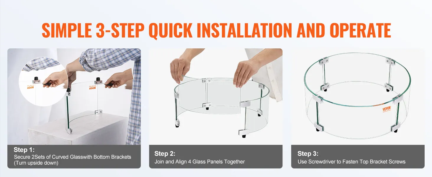 simple 3-step installation guide for VEVOR fire pit wind guard showcasing secure brackets and glass alignment.