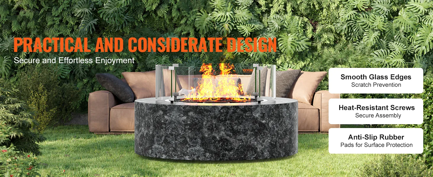VEVOR fire pit wind guard featuring smooth glass edges, heat-resistant screws, and anti-slip pads.