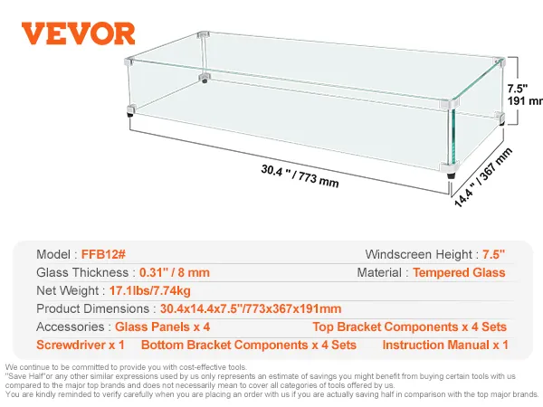 VEVOR glass wind guard with 7.5" height, 0.31" thick tempered glass, and dimensions of 30.4"x14.4".