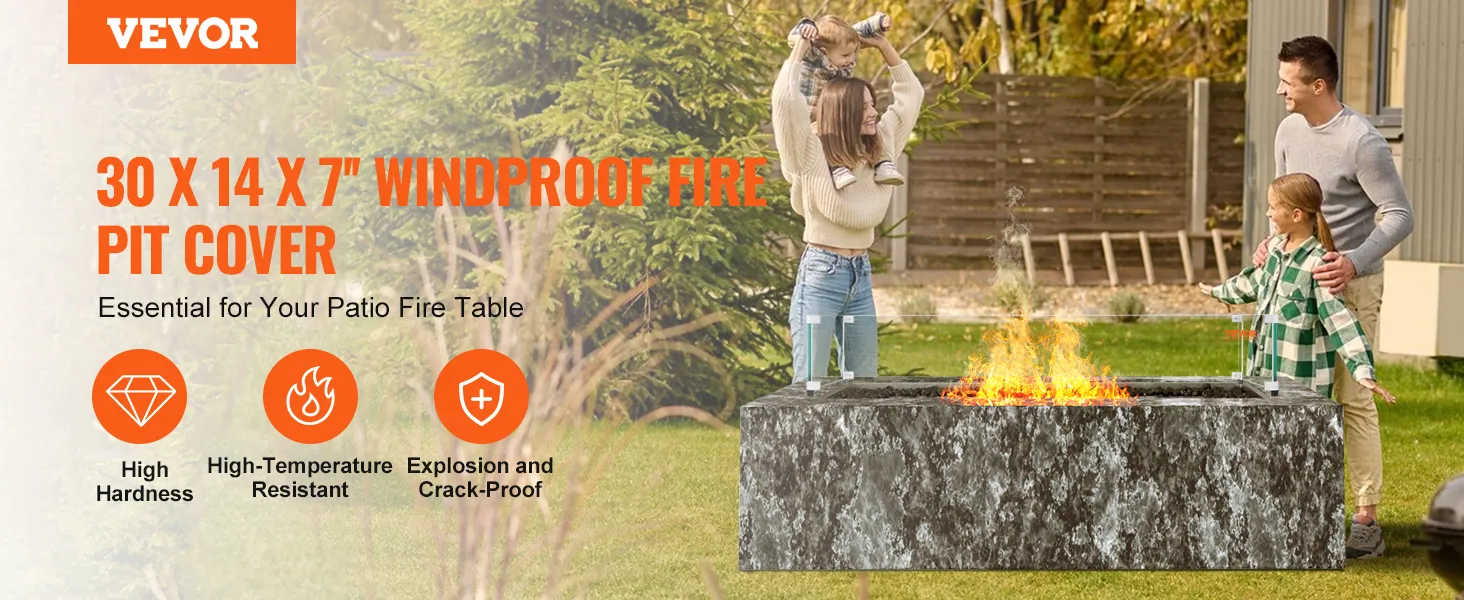 VEVOR glass wind guard protecting a fire pit, offering high hardness, heat resistance, and durability.