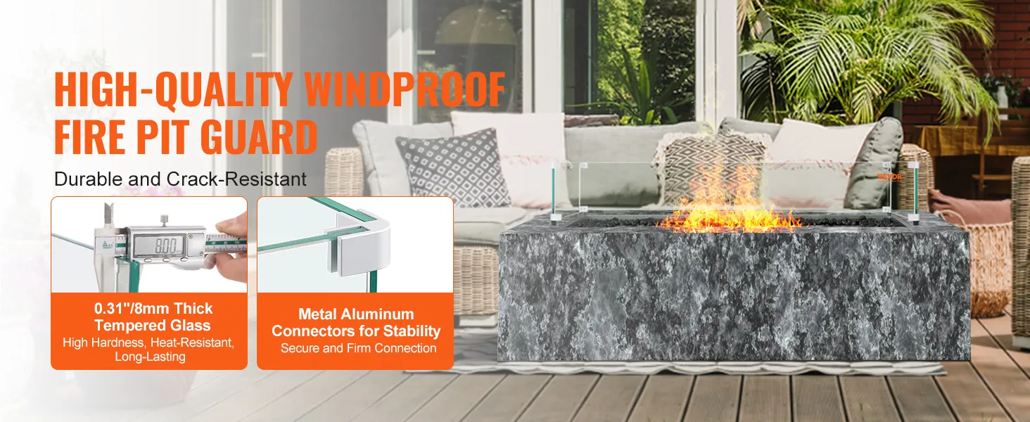 high-quality VEVOR glass wind guard for fire pits, featuring thick tempered glass and metal connectors.