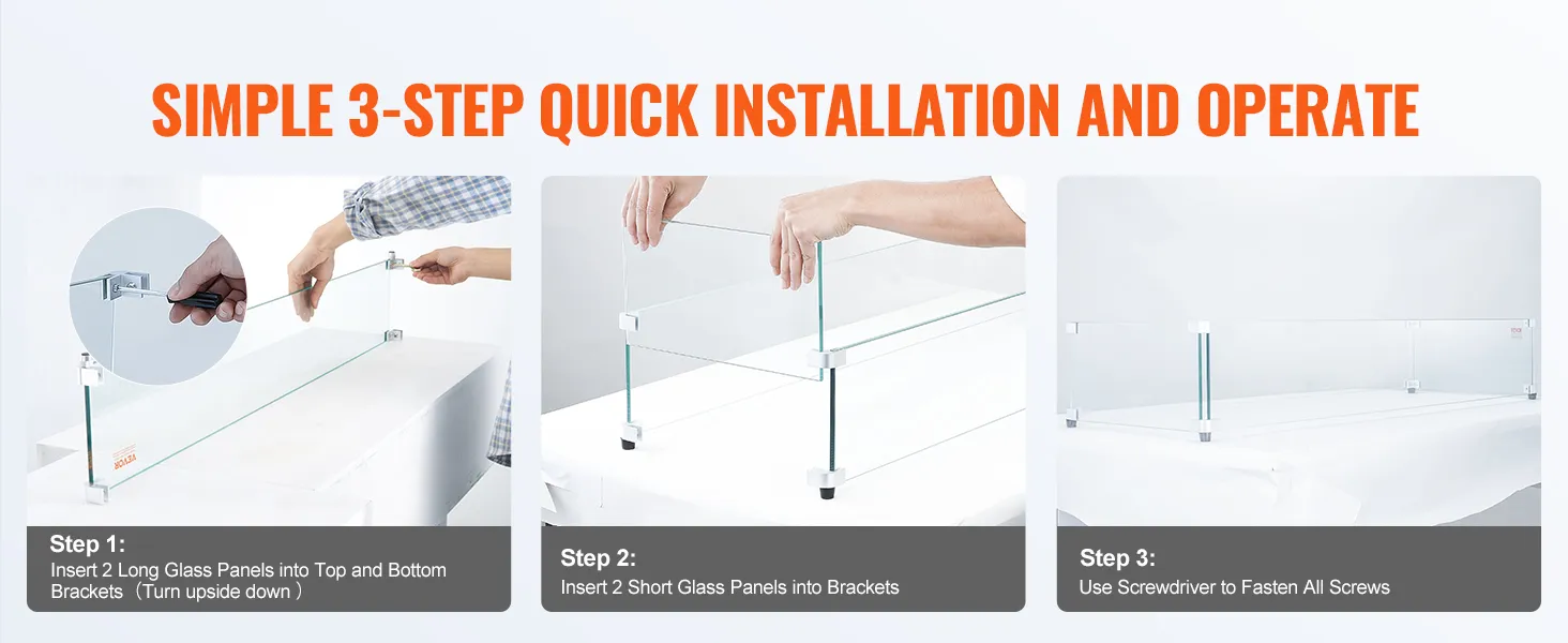 simple 3-step installation for VEVOR glass wind guard: insert long panels, add short panels, tighten screws.