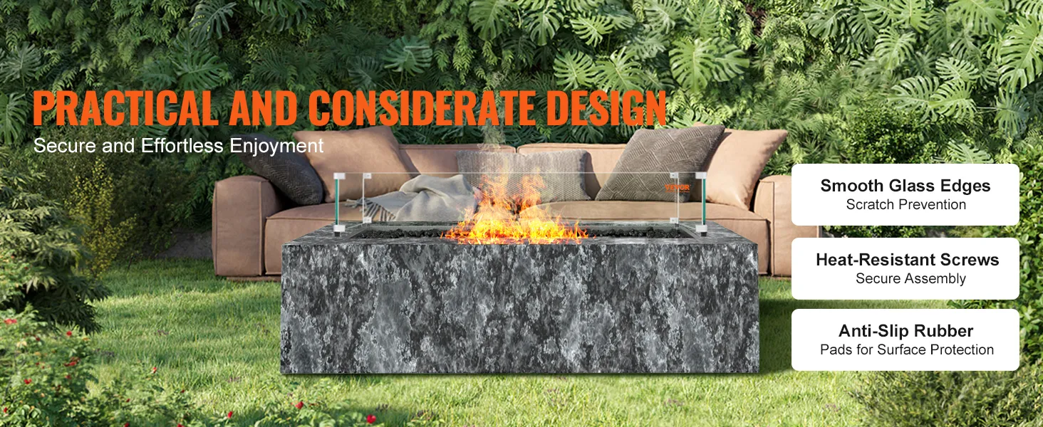 outdoor patio with a fire pit surrounded by VEVOR glass wind guard, promoting safety features.