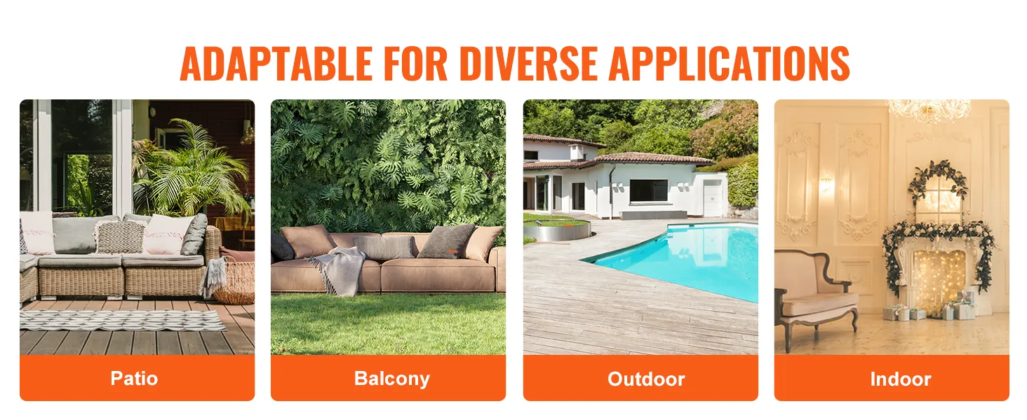 adaptable VEVOR glass wind guard for patio, balcony, outdoor, and indoor applications.