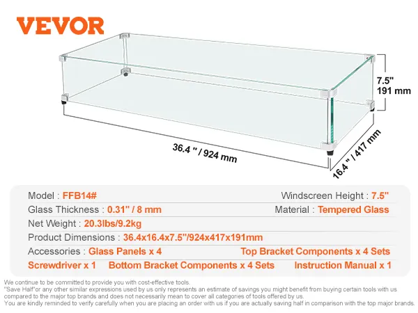 Dimensiones del protector contra viento de vidrio VEVOR, que incluye 36,4" x 16,4" x 7,5", vidrio templado y 20,3 libras de peso.