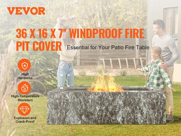 Familia disfrutando del fuego con protección contra el viento de vidrio VEVOR, que muestra alta dureza, resistencia a la temperatura y durabilidad.