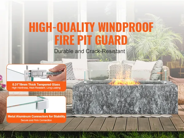 Protector de fogata a prueba de viento de alta calidad con vidrio templado de 0,31" de espesor y conectores de aluminio metálico en un acogedor entorno de patio.