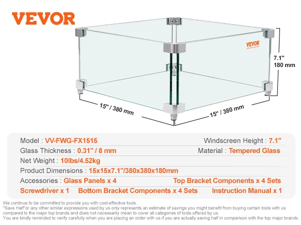 Protector contra el viento para fogatas a gas VEVOR, vidrio templado, dimensiones 15" x 15" x 7,1", modelo vv-fwg-fx1515.
