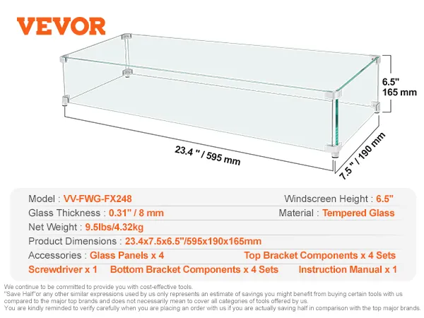 Protector contra el viento para fogatas a gas VEVOR, vidrio templado, dimensiones: 23,4" x 7,5" x 6,5". Incluye soportes y manual.