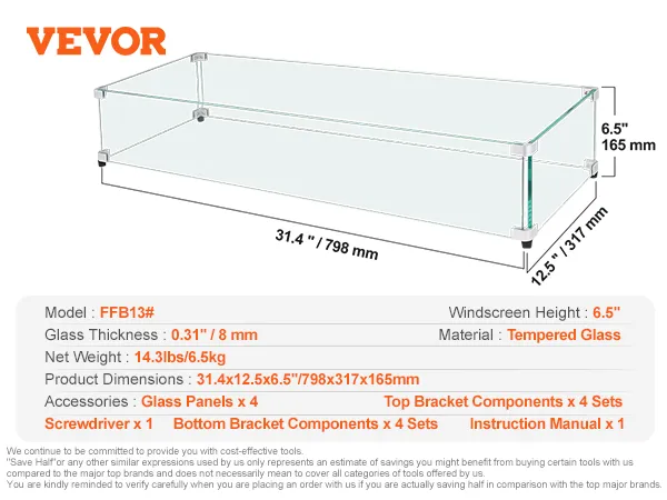 VEVOR glass wind guard with tempered glass, dimensions 31.4"x12.5"x6.5", 6.5" height, 0.31" thickness.